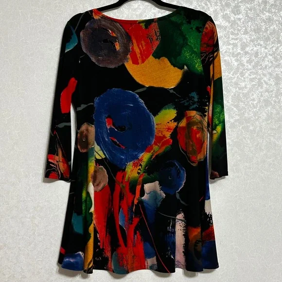 LIOR Paris Artistic Abstract Floral Print Black 3/4 Sleeve‎ Tunic Top Bell Hem M - Picture 2 of 5